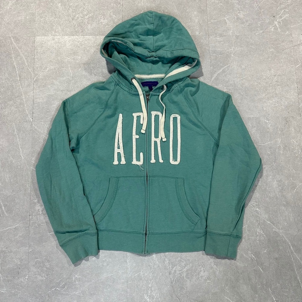Aeropostale Womens XL Full Zip Hoodie Teal Green Aero Graphic Sweatshirt